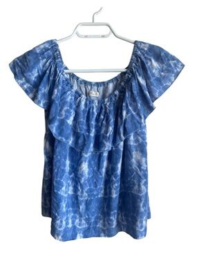 Hollister Blue Tie-Dye Off Shoulder Ruffle Top Boho Babydoll Blouse Coastal